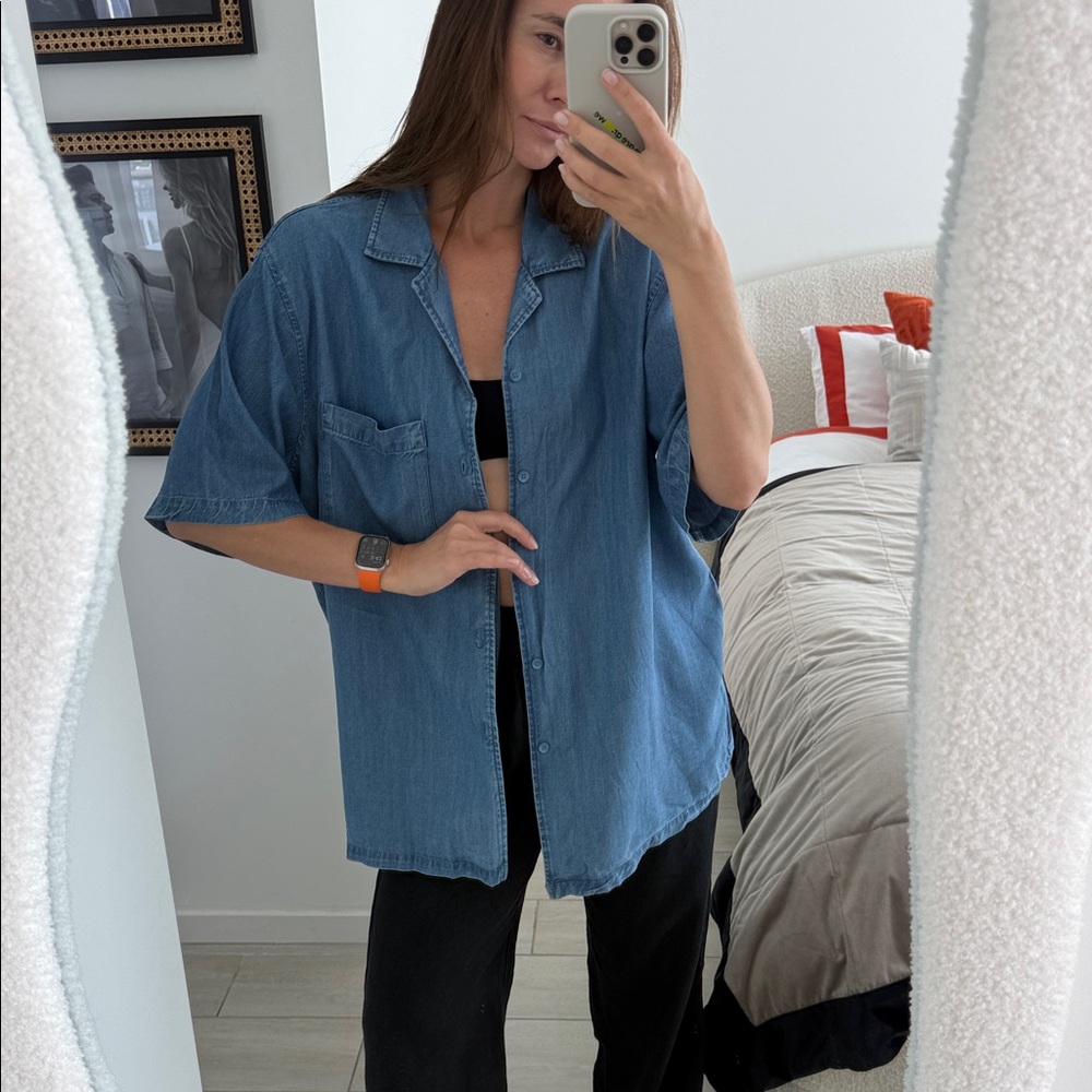 Zara Blue Short-Sleeve Denim Button-Up Shirt